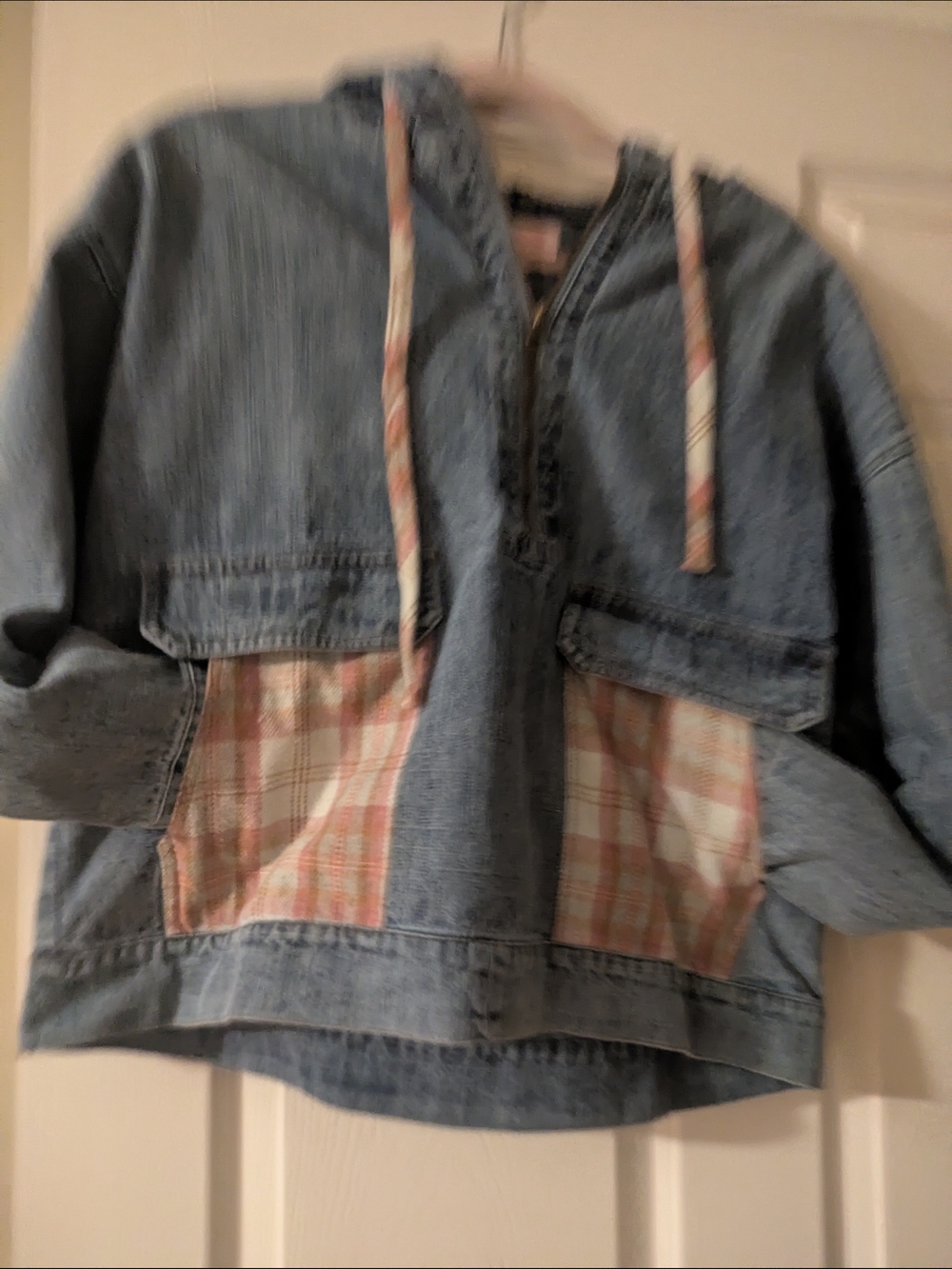 Pink Lily Light Blue Denim Hoodie Jacket with Pink Plaid Accents - Picture 2 of 4